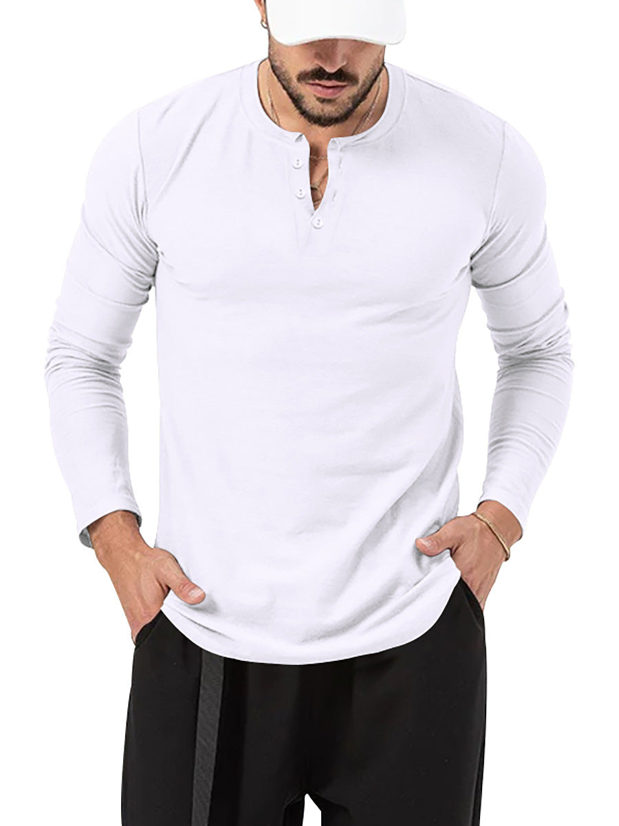 Mens Fall Fashion Casual Henley Shirt Long Sleeve T-Shirt Slim Fitted Shirts Curved Hem for Athletic Gym Workout
