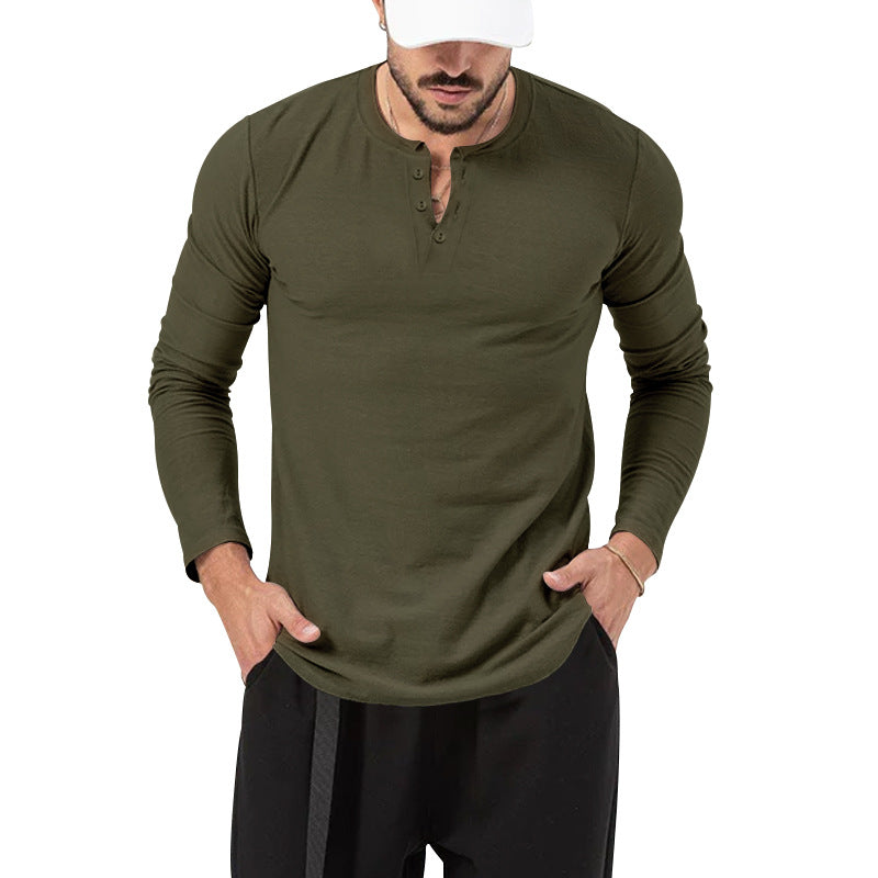 Mens Fall Fashion Casual Henley Shirt Long Sleeve T-Shirt Slim Fitted Shirts Curved Hem for Athletic Gym Workout