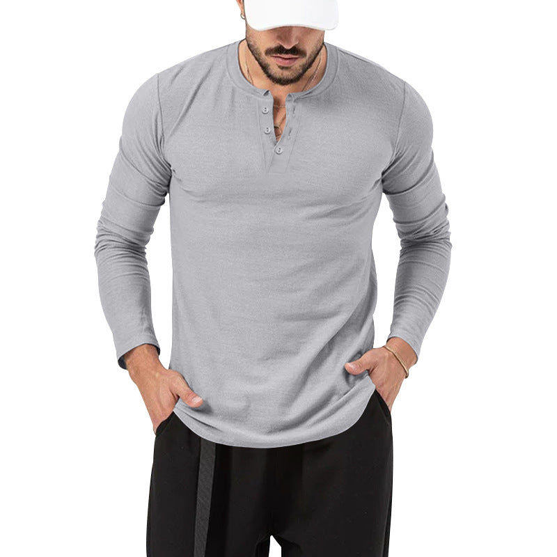 Mens Fall Fashion Casual Henley Shirt Long Sleeve T-Shirt Slim Fitted Shirts Curved Hem for Athletic Gym Workout