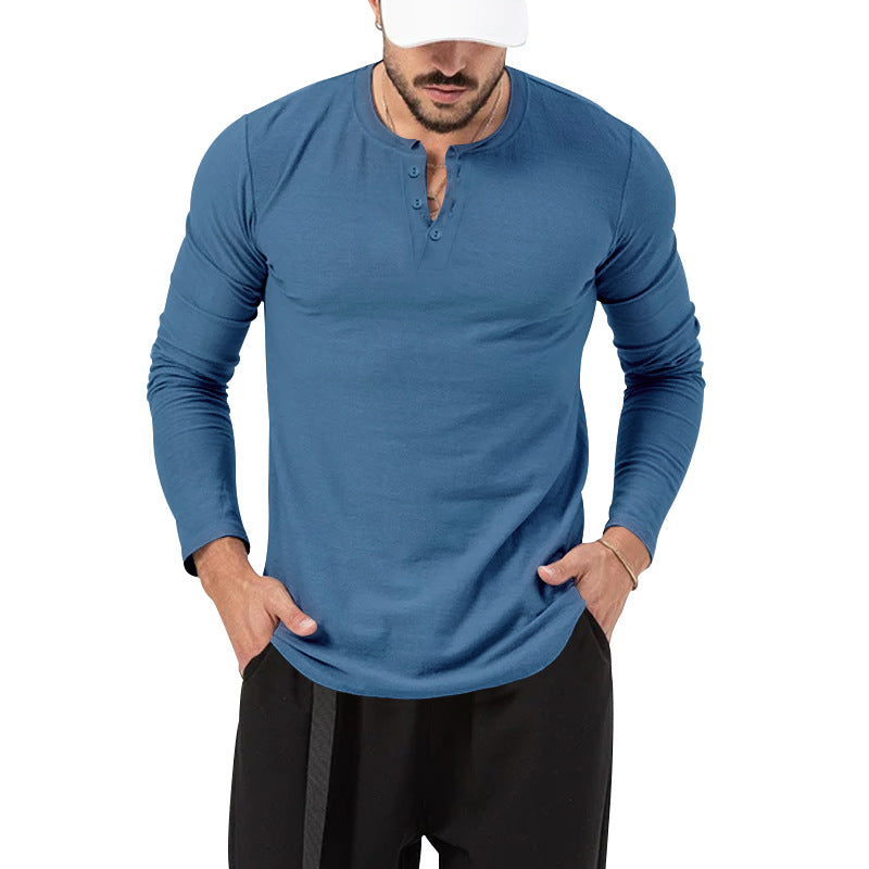 Mens Fall Fashion Casual Henley Shirt Long Sleeve T-Shirt Slim Fitted Shirts Curved Hem for Athletic Gym Workout