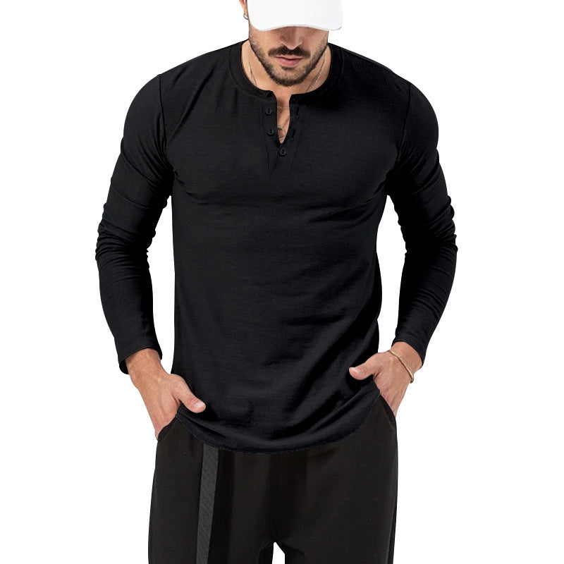 Mens Fall Fashion Casual Henley Shirt Long Sleeve T-Shirt Slim Fitted Shirts Curved Hem for Athletic Gym Workout