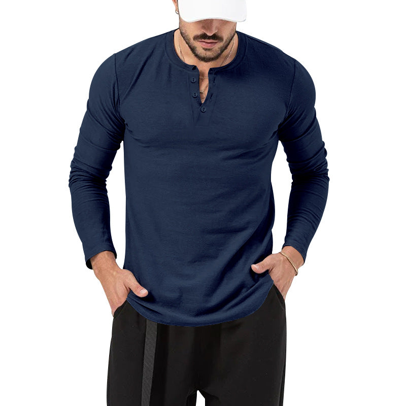 Mens Fall Fashion Casual Henley Shirt Long Sleeve T-Shirt Slim Fitted Shirts Curved Hem for Athletic Gym Workout