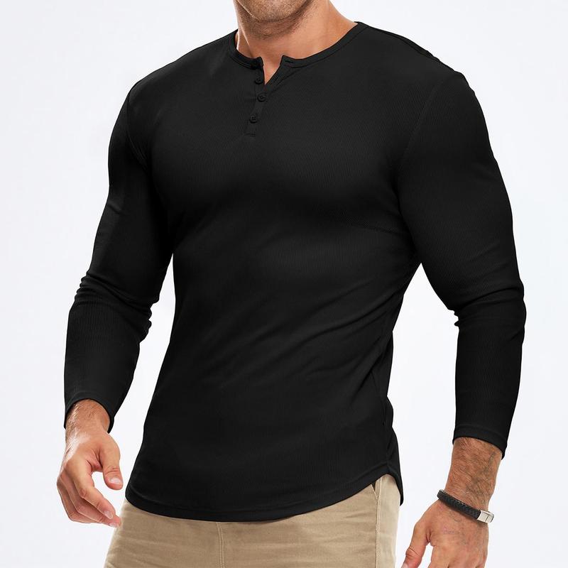Mens Fall Fashion Casual Henley Shirt Long Sleeve T-Shirt Slim Fitted Shirts Curved Hem for Athletic Gym Workout